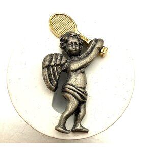 Vintage CAMCO Cupid Tennis Player Figural Brooch Gold Tone Racket Pin